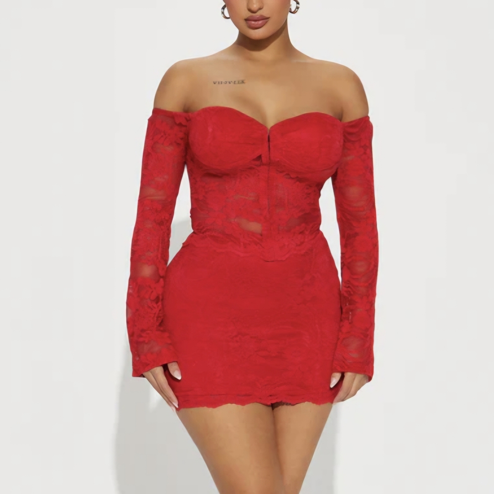 Off-the-Shoulder Red Lace Bodycon Mini Skirt Set